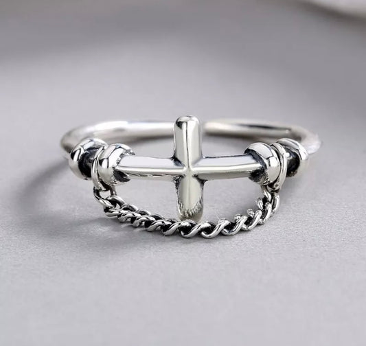 Vintage Cross Line Adjustable Silver Ring Women Jewellery Xmas Gift