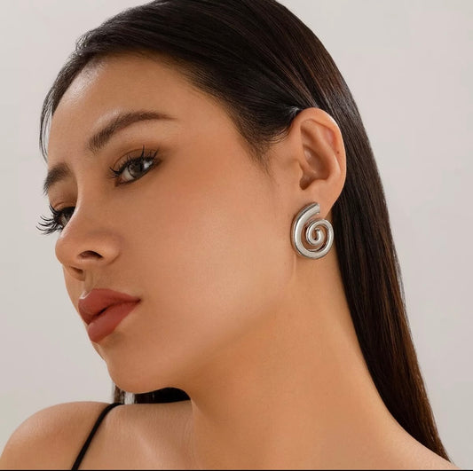 Spiral Stud Earrings Swirl Round Statement Silver Circle