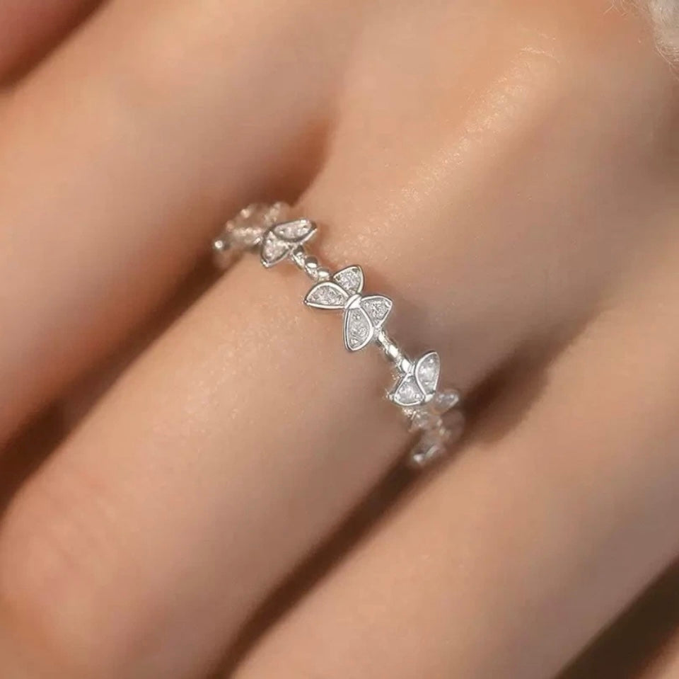 925 Sterling Silver Crystal Butterfly Linked Adjustable Ring