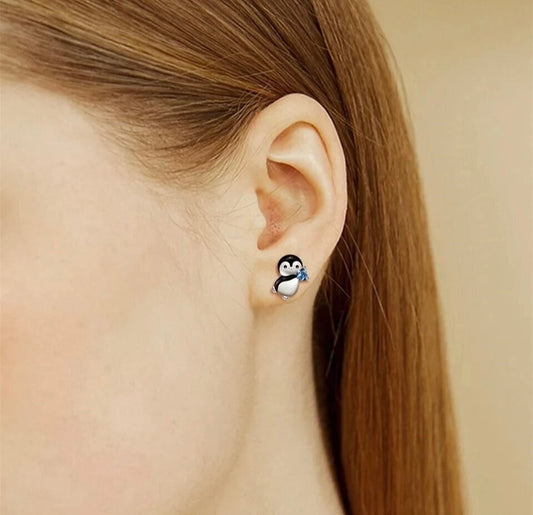 Cute Silver Baby Penguin Stud Earrings, Cubic Zirconia Heart Gem