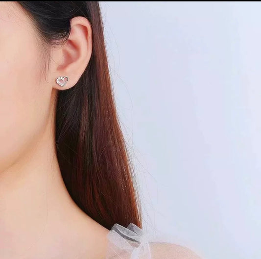 Silver Crystal Heart Stud Earrings