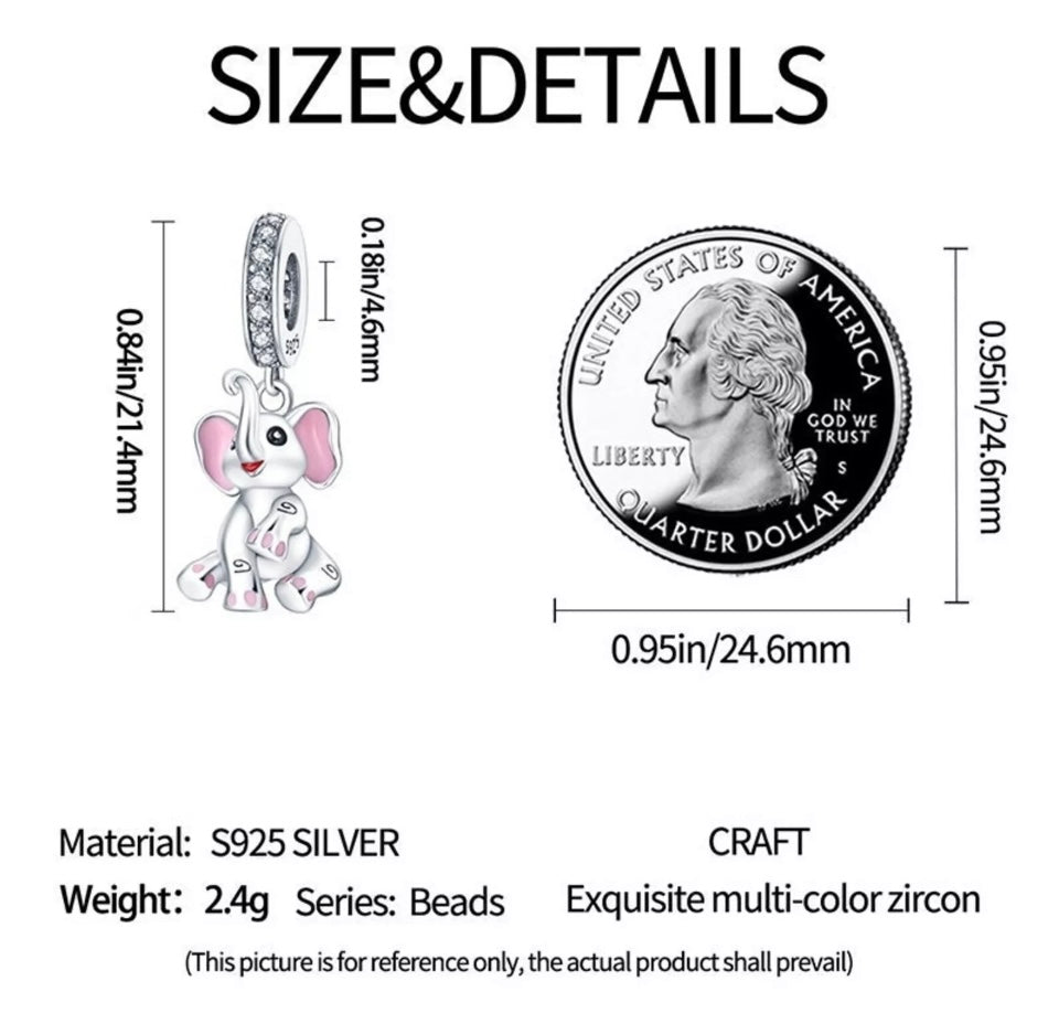 Pink Elephant Dangle Charm For European Bracelets S925 Sterling Silver