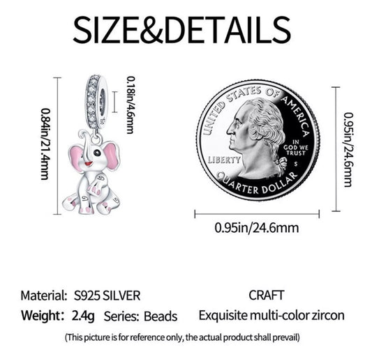 Pink Elephant Dangle Charm For European Bracelets S925 Sterling Silver