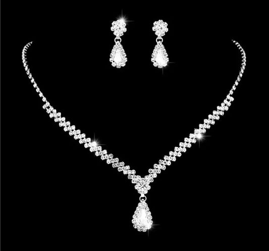 Costume Crystal Jewellery Set Gift for Her Wedding Silver Necklace Earrings