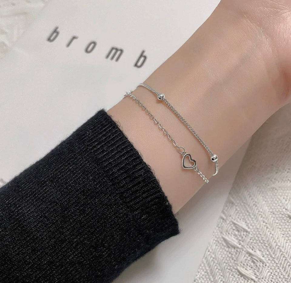 Heart Bracelet Double Layer Beaded Chain 925 Sterling Silver