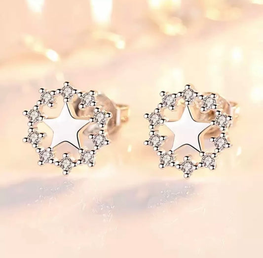Silver Crystal Roun Star Stud Earrings