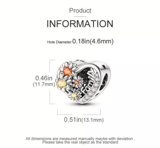 Sunflower Openwork Family Heart Charm For European Bracelet S925 Sterling Silver