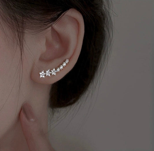 Silver CZ Curve Flower Star Ear Climber Crawler Sweep Earrings