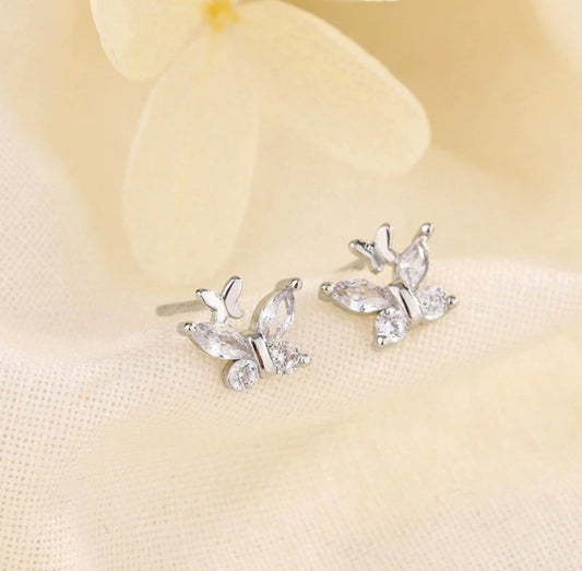 Sterling Silver Crystal Butterflies Dainty Stud Earrings