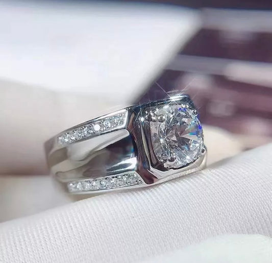 Mens Silver Ring Diamond Gemstone Cubic Zicronia Stainless Steel