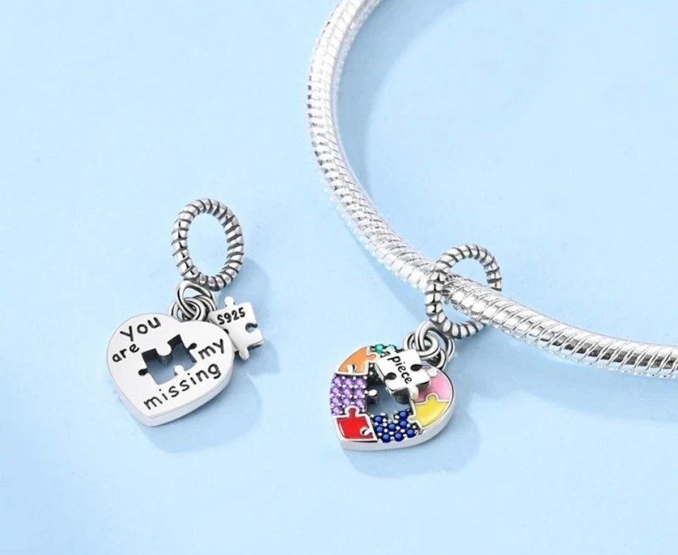 Colorful Puzzle Heart Dangle Charm For Bracelets S925 Sterling Silver