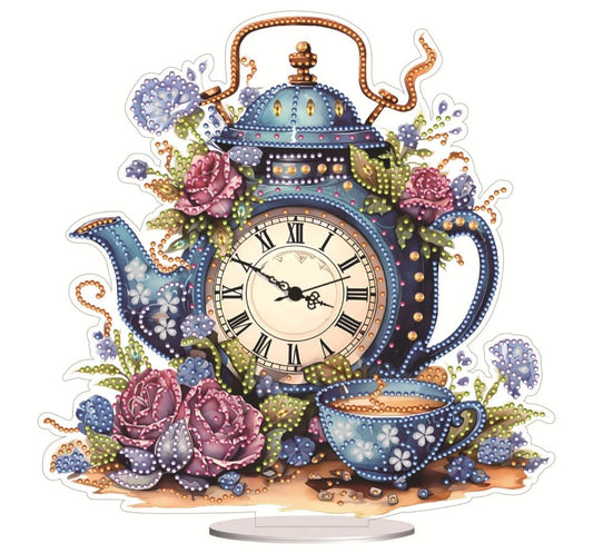 5D DIY Vintage Floral Teapot Working Clock Diamond Painting Art Tabletop Kit