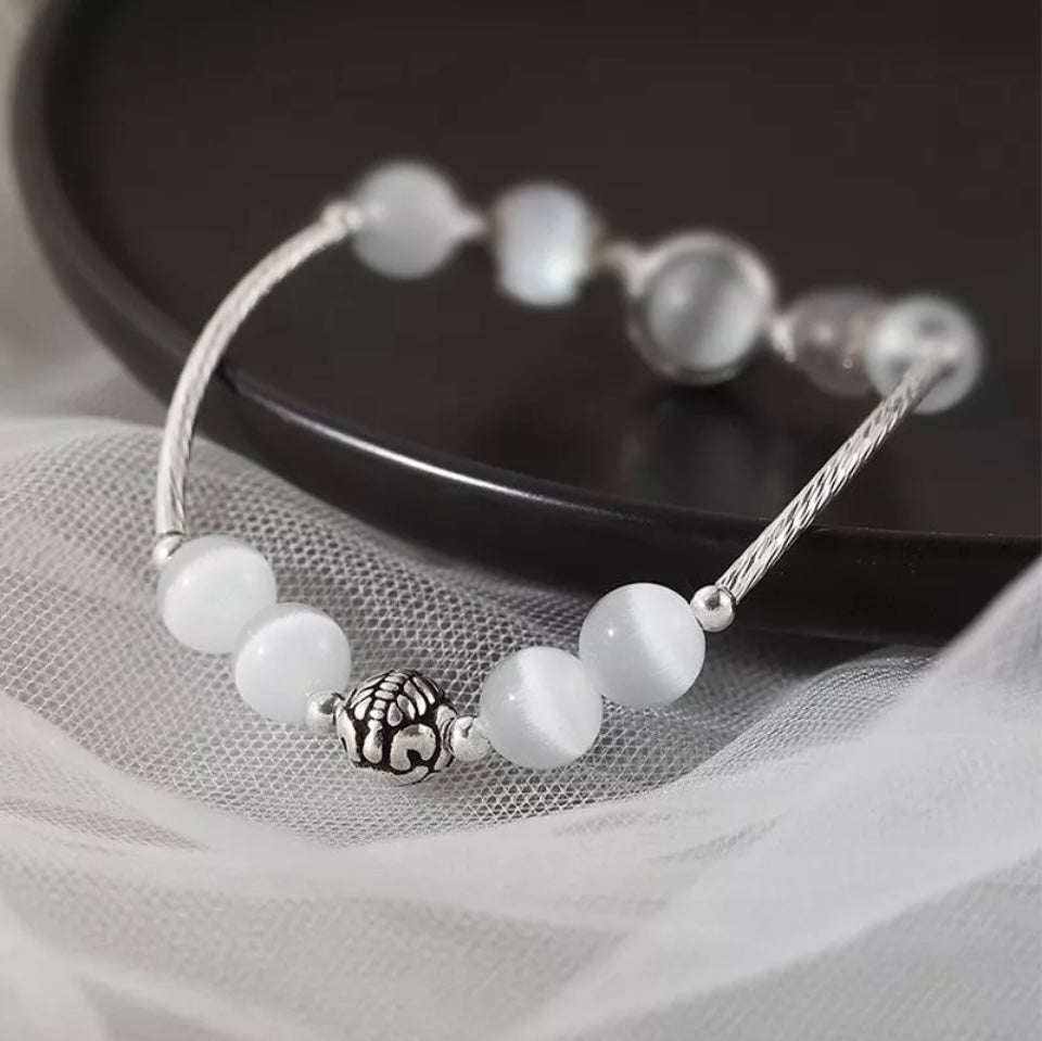 Silver Moonstone Opal Pearls Bracelet