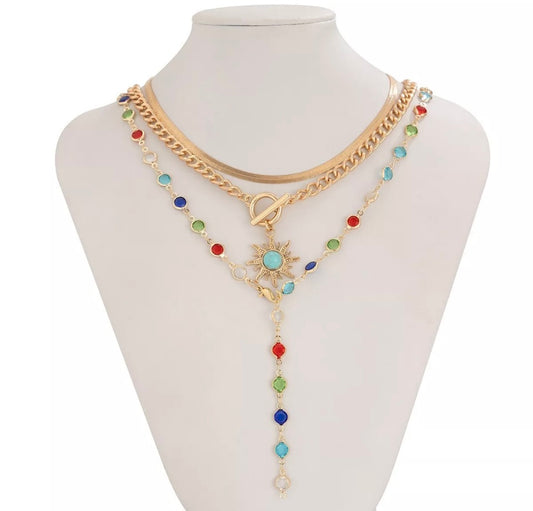 3 in 1 Necklace Multi Layer Sun Crystal Chain Choker Charm Pendant