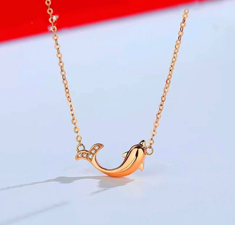 Crystal Rose Gold Dolphin Pendant Silver Necklace