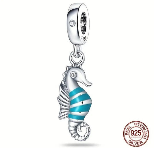 Blue Striped Seahorse Dangle Charm For European Bracelets S925 Sterling Silver