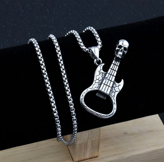 Guitar Skull Rock Punk Necklace Chain Titanium Silver Pendant Gothic Gift
