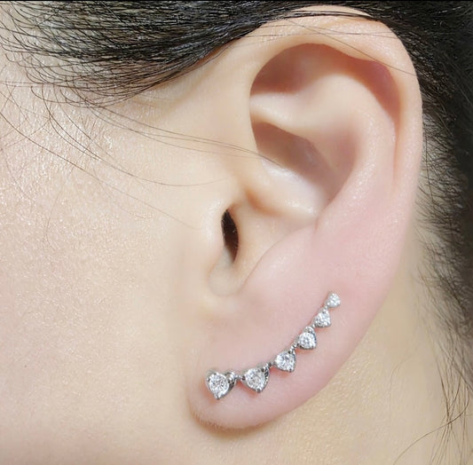Silver CZ Curve Love Heart Bar Ear Climber Crawler Sweep Earrings