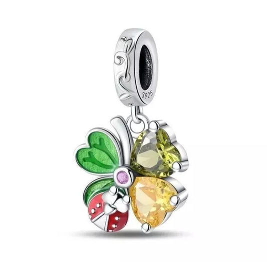 Sparkling Clover Leaf and Ladybug Charm For Bracelets S925 Sterling Silver