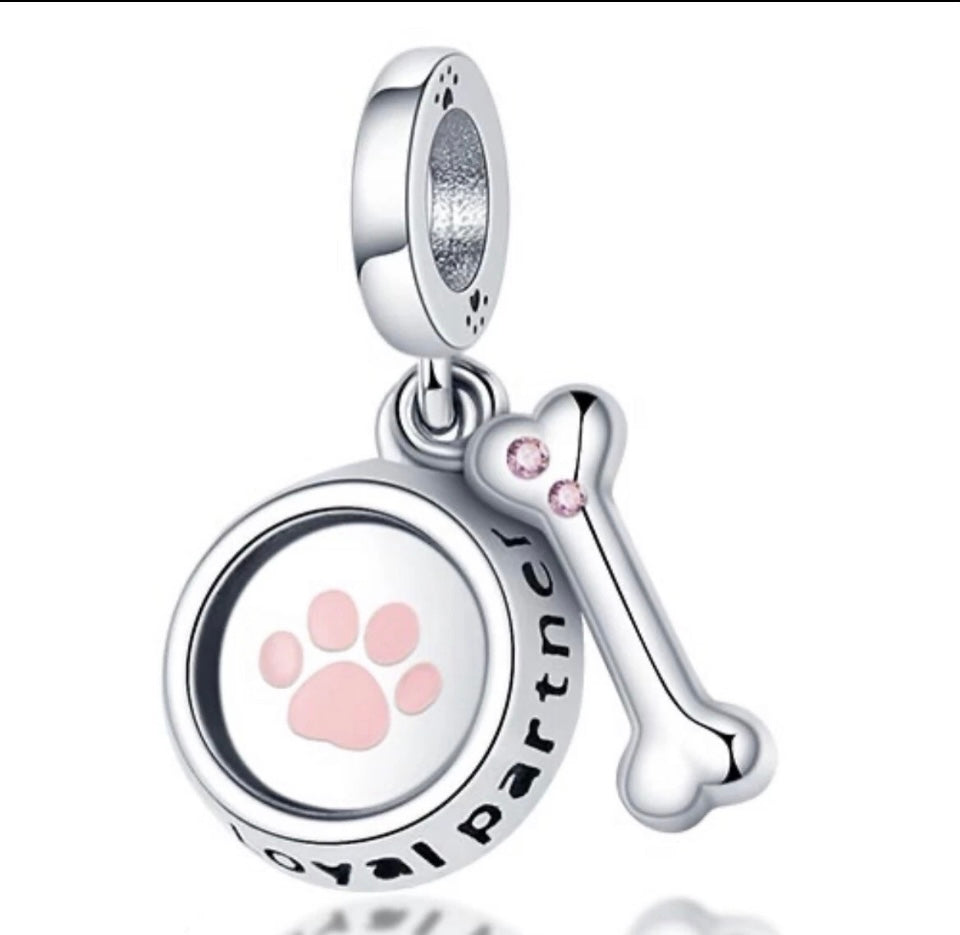Sterling Silver Dog Bowl & Bone Bracelet Charm, S925
