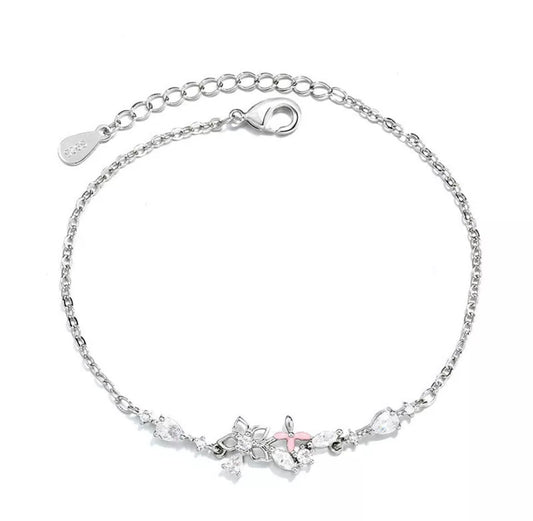 Silver Chains Pink Flower Crystals Bracelet