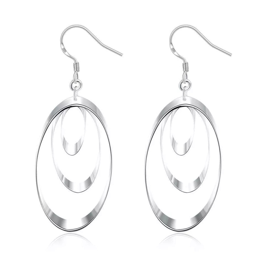 Silver Oval Earrings Shiny Triple Oval Loop Dangle Free Gift Bag