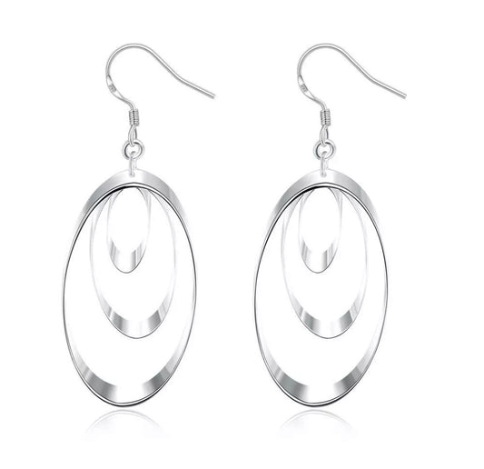 Silver Oval Earrings Shiny Triple Oval Loop Dangle Free Gift Bag
