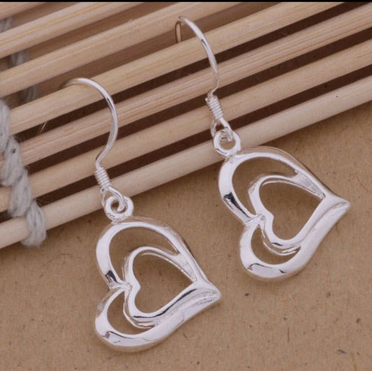 Silver Heart Earrings Drop Dangle Love Romance Free Gift Bag